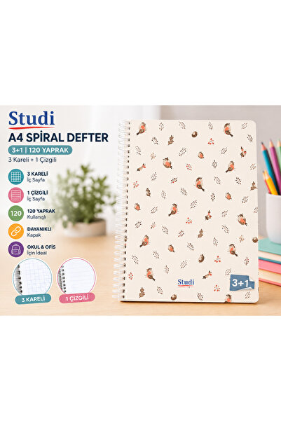 Studi A4 120 Yaprak 3+1 Spiralli Defter Kuş Desenli 4 Bölümlü Ders Defteri