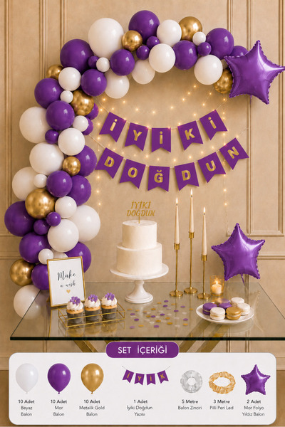 Parti Zamanı Mor Gold Beyaz İyi Ki Doğdun Balon Süsleme Seti – Doğum Günü Dek...