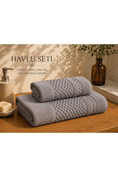 Lenaline Home Textile Gri 2'li Pamuk Havlu Seti | 1 Banyo + 1 El Yüz Havlusu
