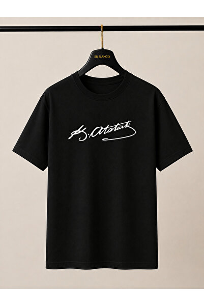 SB BİANCO Ataturk Signature Printed Oversize Unisex Premium Cotton T-Shirt Mi...