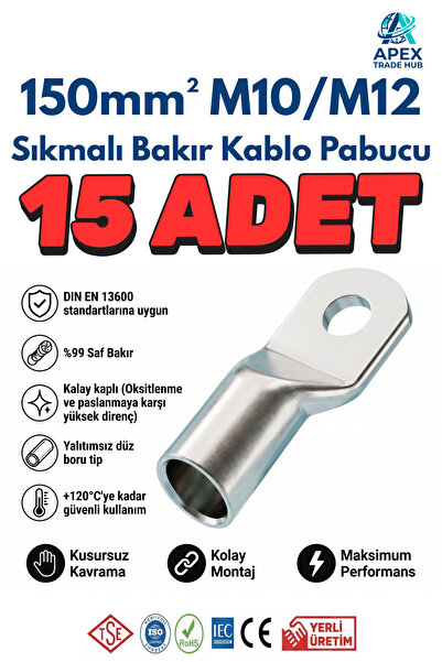 150mm M10/M12 SKP Sıkmalı Bakır Kablo Pabucu - 15'li Paket