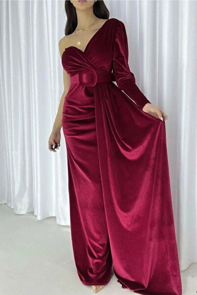 SS HOME CONCEPT Women's velvet one-shoulder belted maxi evening gown