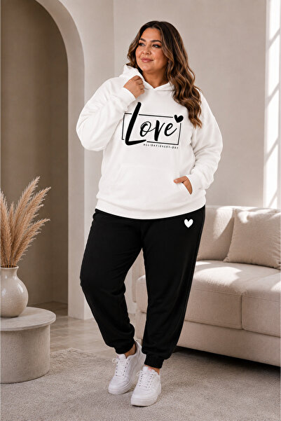 Rubonia Women's Plus Size 3 Thread Winter Hooded Love Printed 2-Piece Tracksu...