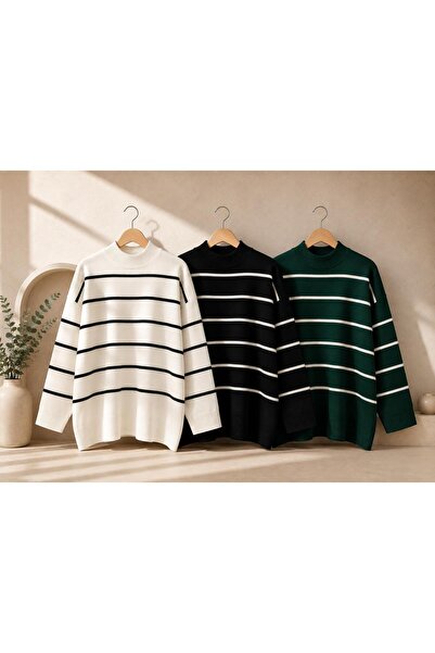 threeoff Women's Oversize Striped Knitwear Sweater High Neck Loose Fit Long S...
