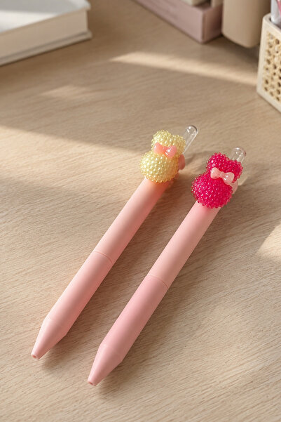 Sevimli Fiyonklu Tavşan Figürlü Basmalı Kurşun Kalem Seti (2'li) – Soft Touch Pastel Pembe Kawaii HB Kalem