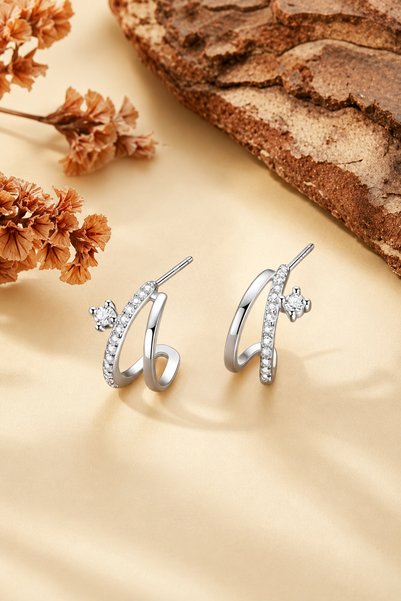 THE Steel Silver Color Zircon Stone Double Hoop Women's Earrings