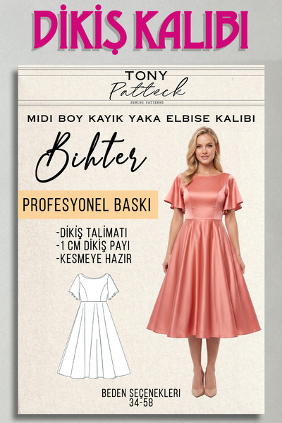 Tony Patteck Bihter Midi Boy Kayık Yaka Elbise (EL37)- Hazır Dikiş Kalıbı (34...