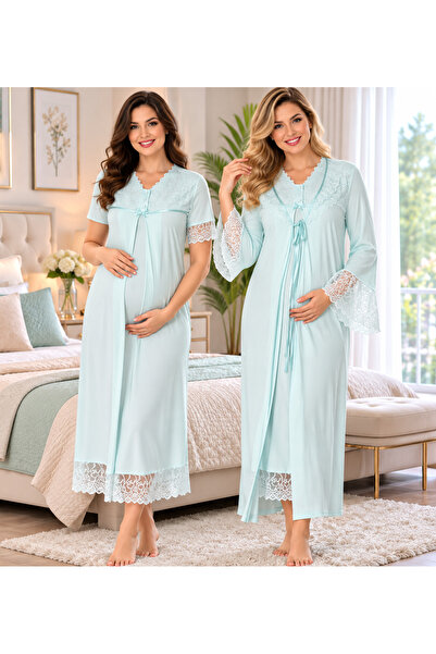 by İGP Elegant Lace Detailed Maternity Nightgown Set with Dressing Gown