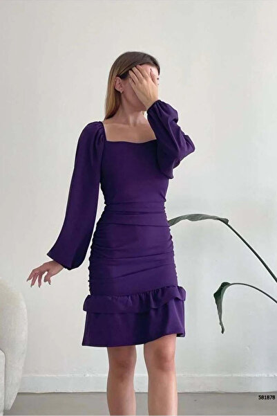 SS HOME CONCEPT Women's square neck ruched long sleeve evening dress