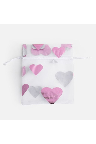 OEM Pungă cadou din organza albă cu inimi roz din folie 13x10cm