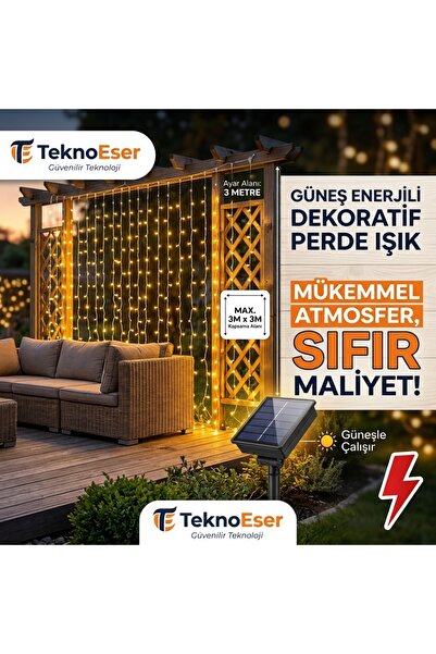 TeknoEser Güneş Enerjili Solar Perde LED Işık 3x3 Metre Dış Mekan Su Geçirmez...
