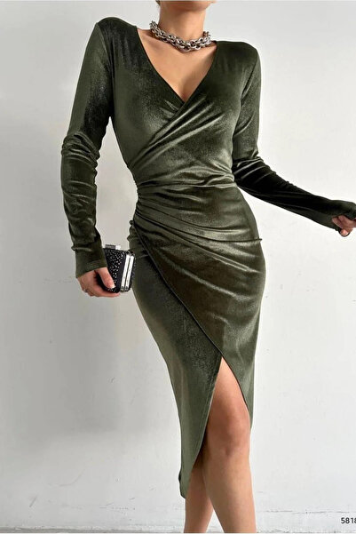 SS HOME CONCEPT Women's V-Neck Slit Long Sleeve Evening Dress