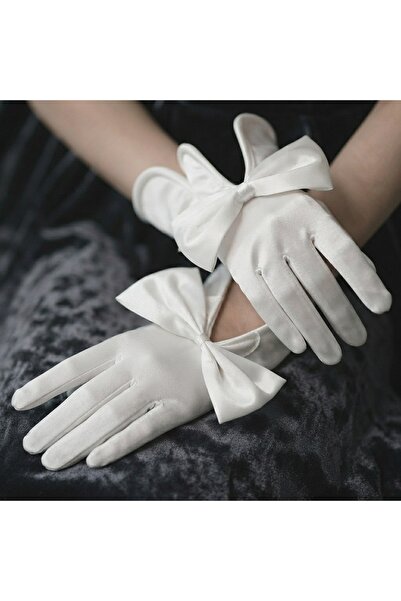 Esram Butik White Satin Bow Detailed Bridal Gloves, Wedding Engagement Weddin...