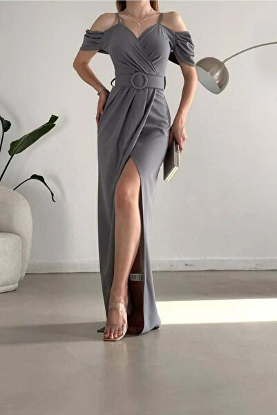 SS HOME CONCEPT Women's crepe fabric v-neck slit evening dress