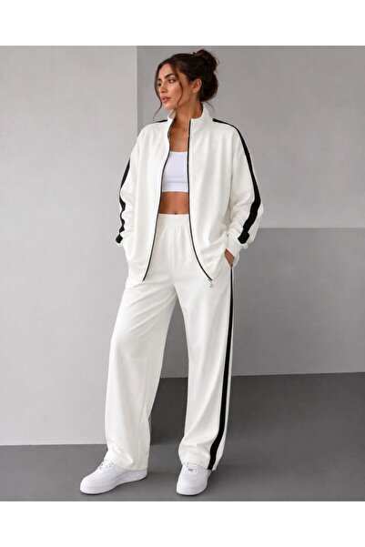 velmorafashion Kadın Scuba Kumaş Oversize Şerit Detaylı Fermuarlı Alt Üst Eşo...