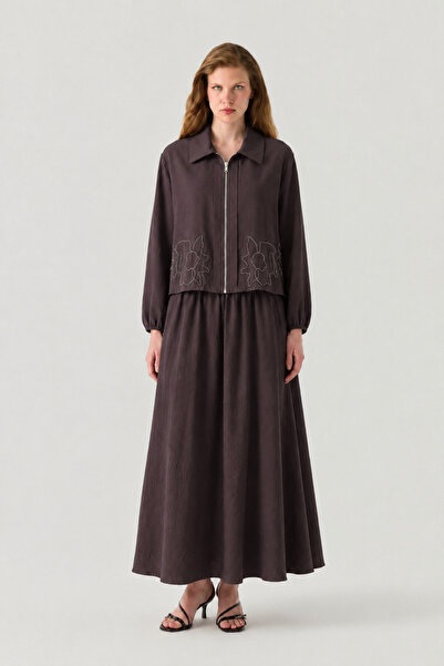 Puane Embroidered Stone Detailed Coffee Skirt Suit 14535