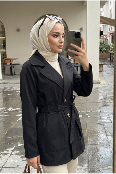 Kirazca Butik Women's Belted Short Trench Coat – Seasonal Hijab Jacket
