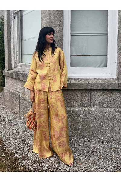 LOKADI Women's Yellow Jacquard Silk/Satin Textured Kimono Jacket and Wide-Leg...
