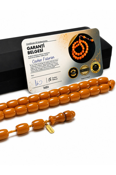 Deniz Elmasları Cevher Faturan İmzalı Sıkma Kehribar Tesbih 11x9 mm Bombeli Kapsül – Sertifikalı Sistemli Takımlı Işıklı Kutulu Premium