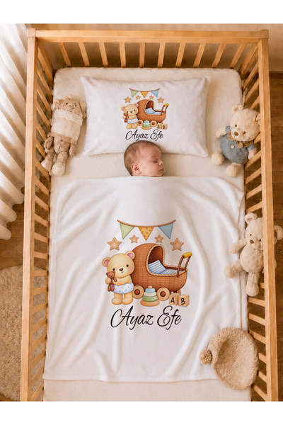 Pia Baby İsme Özel Erkek Bebek Battaniye ve Yastık Kılıfı %100 Pamuk Organik ...