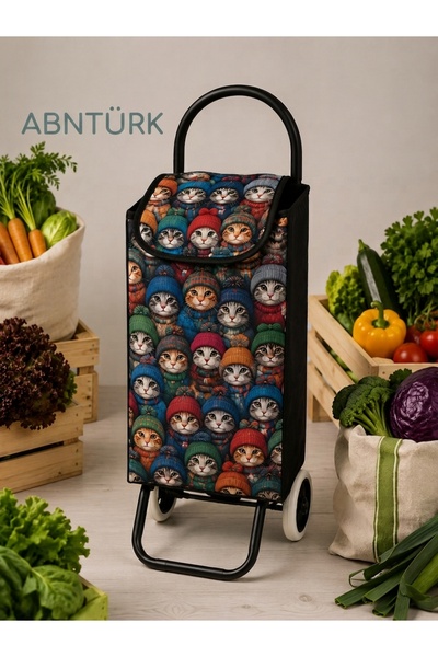 abnturk Bereli Sevimli Kediler Figürlü Su Geçirmez Dayanıklı Tekerlekli Çelik Gövde Alışveriş Çantası