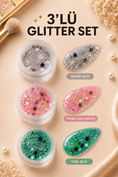 rair 3’lü Glitter Set – Gri Pembe Holografik & Yeşil Işıltı | Yüz, Göz, Saç, ...