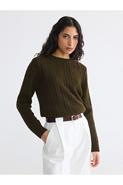 LC Waikiki Lcw Modest Khaki Hair Braid Patterned Women's Knitwear Sweater