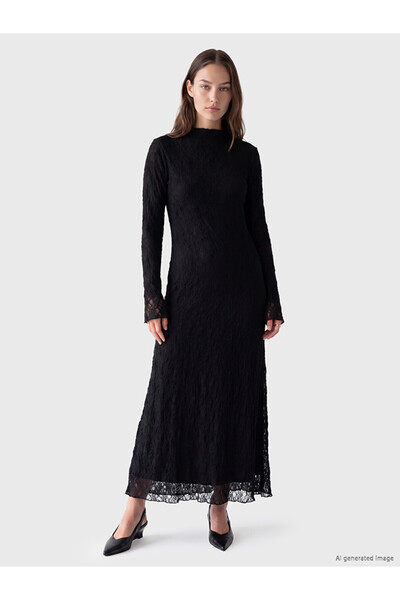 LC Waikiki Lcw Modest Black High Neck A-Line Lace Dress