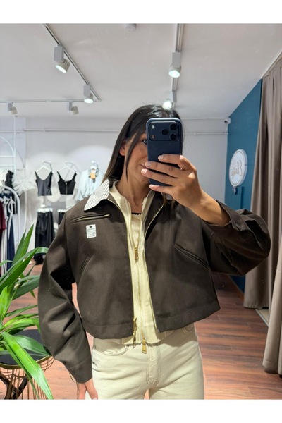 Quzu Moka Contrast Collar Lined Crop Jacket