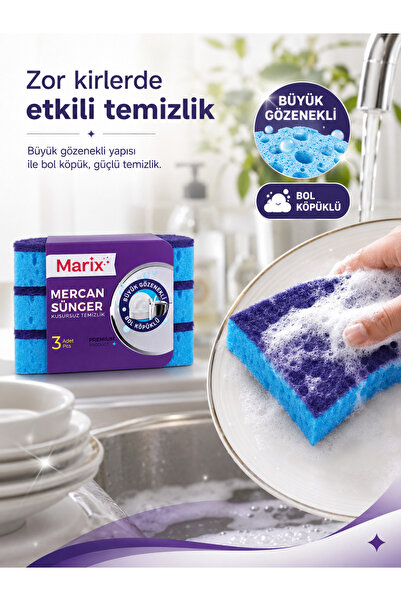 marix Mercan Sünger 3'lü Paket – Büyük Gözenekli, Bol Köpüklü Bulaşık Süngeri