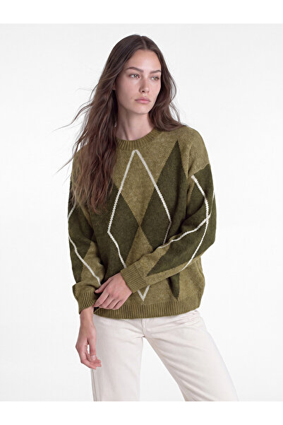 LC Waikiki Lcw Modest Green Crew Neck Diamond Patterned Women's Knitwear Sweater
