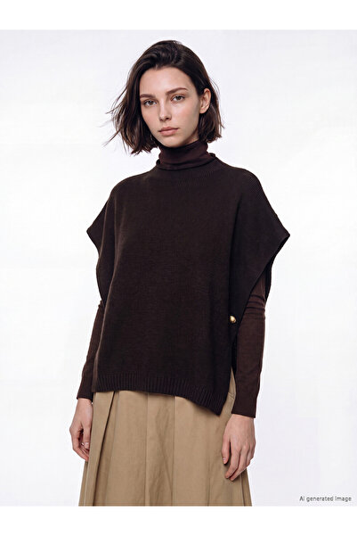 LC Waikiki Lcw Modest Brown Half Turtleneck Women's Knitwear Poncho