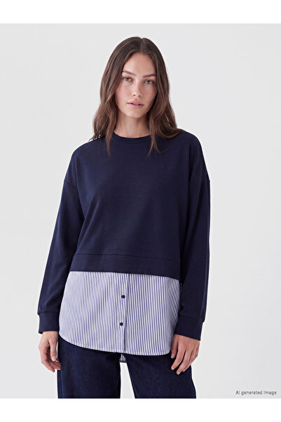 LC Waikiki Lcw Modest Navy Blue Soft Touch Striped Women's Sweatshirt Tunic
