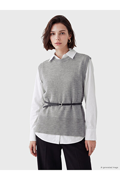 LC Waikiki Lcw Modest Gray Women's Knitwear Sweater with Belt at the Waist