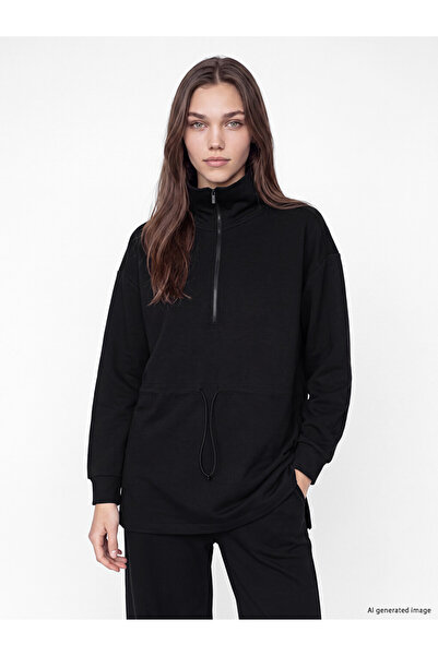 LC Waikiki Lcw Modest Black Stand Collar Oversize Women's Sweatshirt Tunic