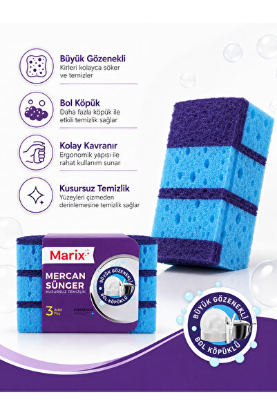 marix Mercan Sünger 3'lü Paket – Büyük Gözenekli, Bol Köpüklü Bulaşık Süngeri
