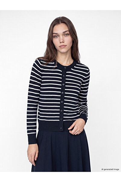 LC Waikiki Lcw Modest Navy Blue Crew Neck Striped Women's Knitwear Cardigan