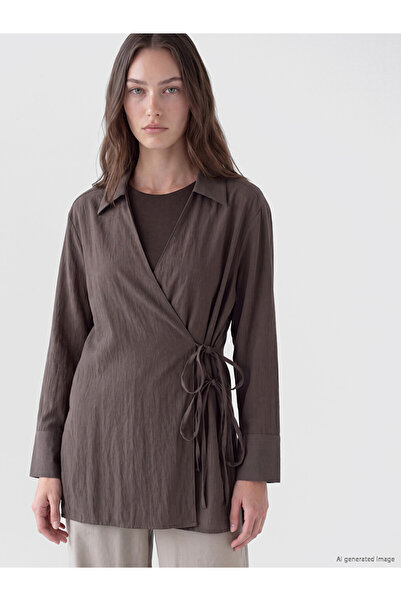 LC Waikiki Lcw Modest Brown Shirt Collar Double Breasted Cut Tie-Up Blouse