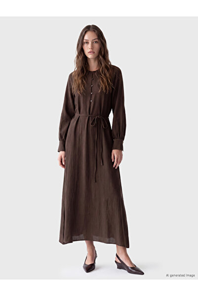 LC Waikiki Lcw Modest Brown Crew Neck Muslin Dress