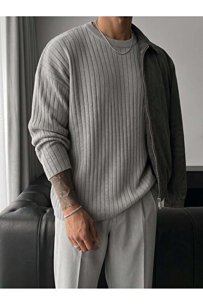 elkumoda Men's Premium Drop Shoulder Ribbed Knit Sweater - Crew Neck Relaxed ...