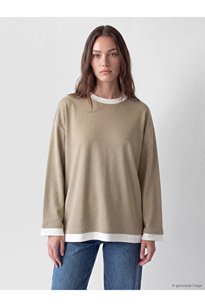 LC Waikiki Lcw Modest Khaki Oversize Soft Touch Women's Sweatshirt Tunic