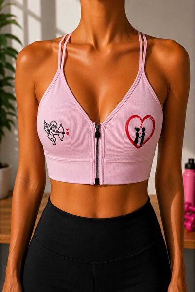 Novera Ribbed Patterned Zippered Sports Bra with Removable Pads