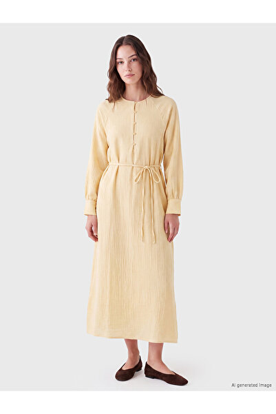 LC Waikiki Lcw Modest Yellow Crew Neck Muslin Dress