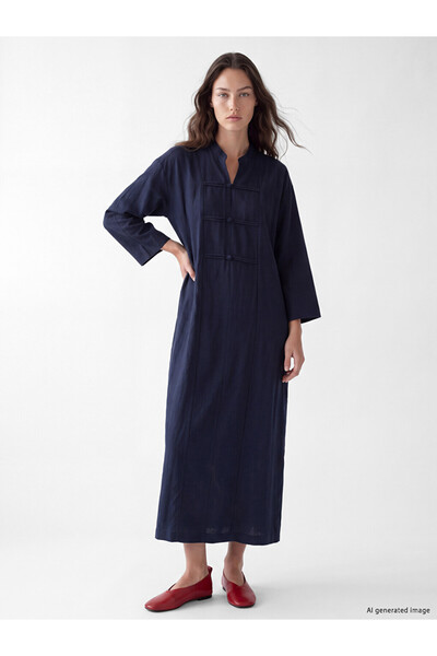 LC Waikiki Lcw Modest Navy Blue Oversized Dress with Piping Collar and Buttons