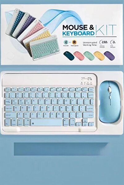 İtarz Bluetooth Klavye Mouse Seti Açık Mavi Renk Şarj Edilebilir Kablosuz Kom...
