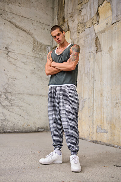 Superbluemexico Men's Pleated Elastic Cuffed Patterned Shalwar Trousers