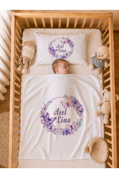 Pia Baby İsme Özel Kız Bebek Battaniye 80x80 cm ve Yastık Kılıfı 35x45 cm %10...