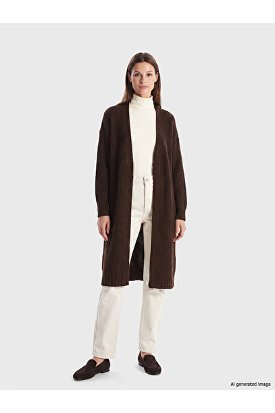 LC Waikiki Lcw Modest Brown Shawl Collar Oversize Women's Knitwear Cardigan