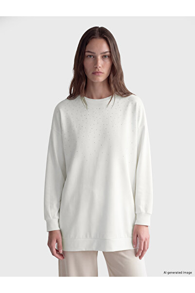 LC Waikiki Lcw Modest White Stone Soft Touch Women's Sweatshirt Tunic