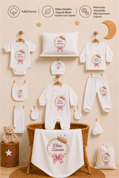 Pia Baby Yeni Doğan Kız Bebek 12 Parça Hastane Çıkışı %100 Pamuk İsimli Organ...